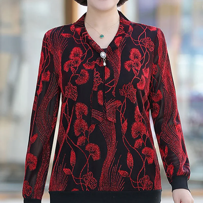 2024 New Summer Chic England Style Loose Casual Chinese Style Women's Shirt Retro Print BOW V Neck Long Sleeve Chiffon Chic Tops