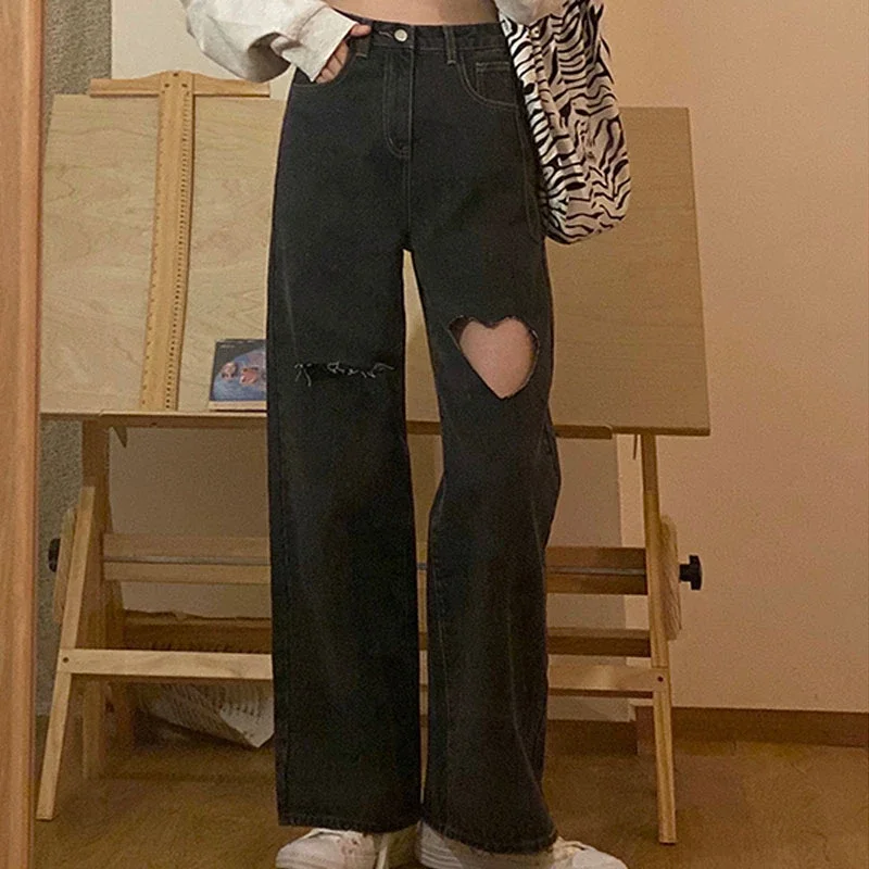 Harajuku 2023 Streetwear Heart Shaped Hole Jeans for Women High Waist Mom Jeans Vintage Black Denim Pant Full Length Indie Jeans