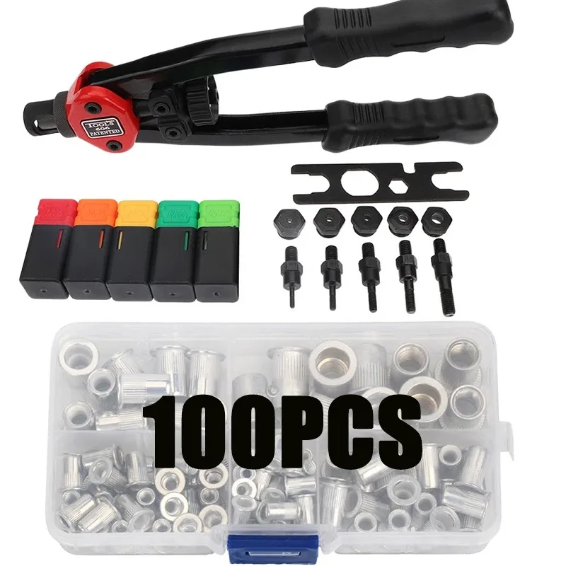 Porca de Rebite com Mão Roscada Rivet Nuts Gun Inserção Dupla Pistola Riveter Manual Ferramenta Rivnut m3 m4 m5 m6 m8 100 Pcs