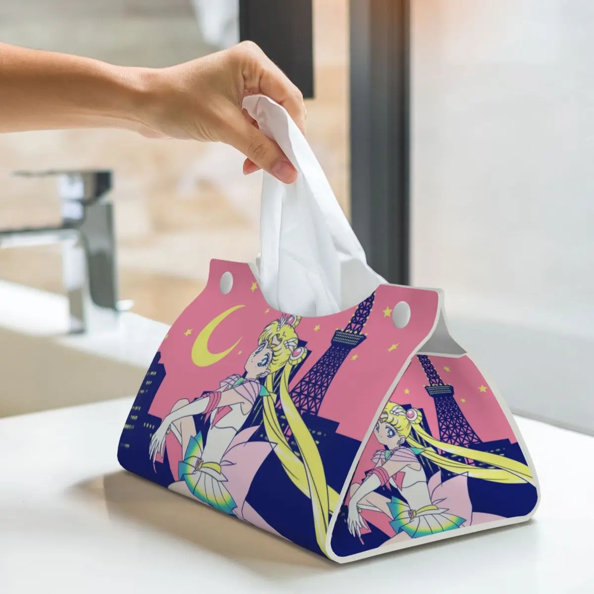 Custom Sailors Moon Girl Facial Tissue Box Cover Rectangular Tokyo City Lights PU Leather Tissue Box Holder for Car Bathroom 6