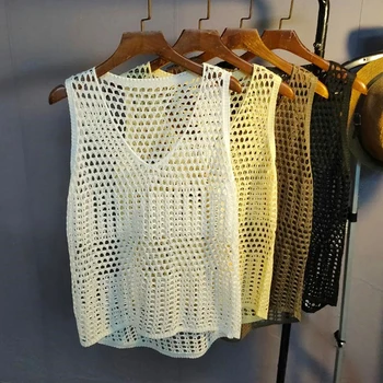 Top da donna all'uncinetto senza maniche scollato gilet in maglia traforata canotta da spiaggia copricostume abito estivo Boho per adolescenti