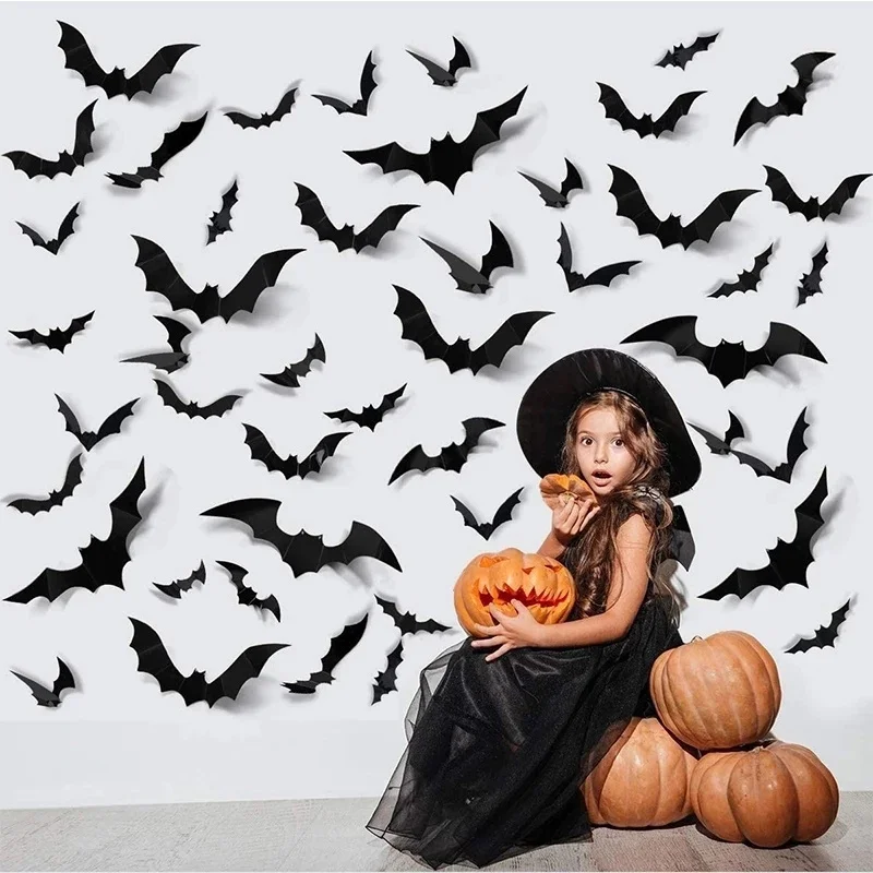 12/24pcs 3D Black PVC Bat Bar Wall Sticker Halloween Party Scary Props Wall Sticker Halloween Party DIY Decor Room Decoration