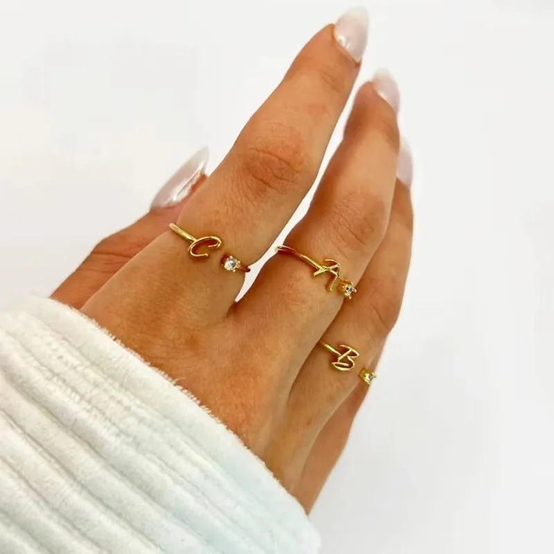 Zircon Initial Letter Rings Stainless Steel A-Z Adjustable Ring For Women