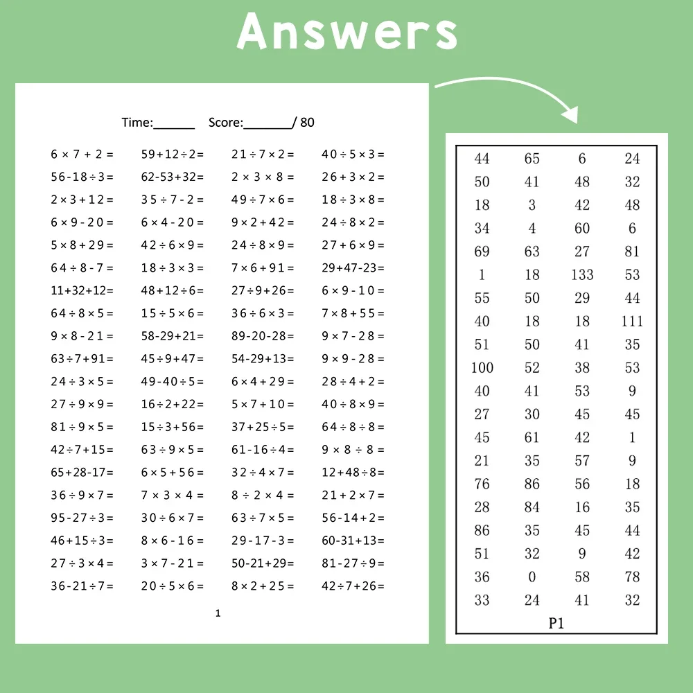 24 Pages Mixed Operations of Addition Subtraction Multiplication Division Math Workbook with Answer Math Practice for Children 5