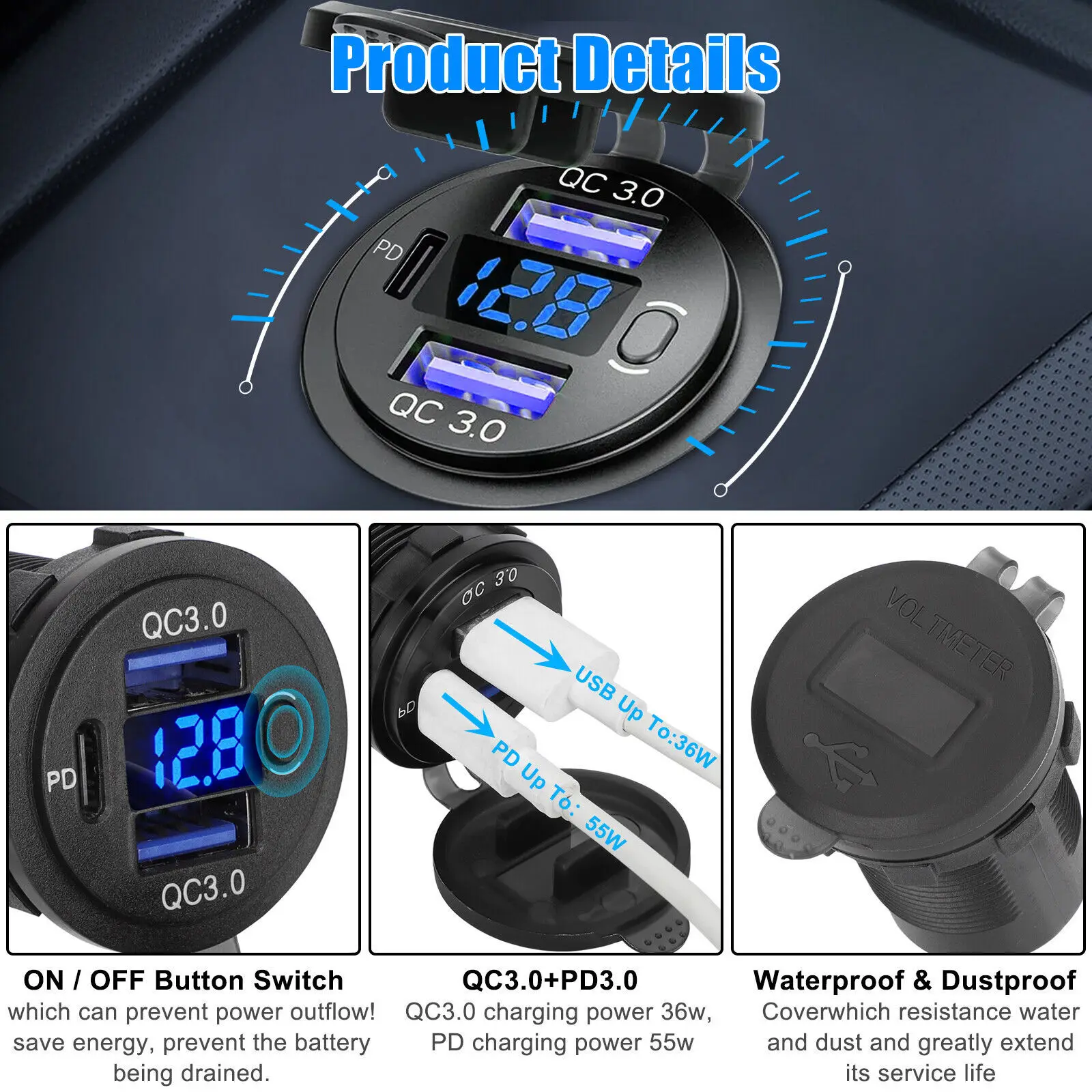 

Автомобильное зарядное устройство с двумя USB-портами и разъемами USB Type-C, 12 В, 24 В