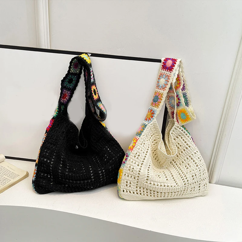 Large Capacity Fashion Cut-out Boho Tote Bag Trendy Floral Crochet Handmade Knitted Bag Vintage Multicolor Hollow Out Handbag