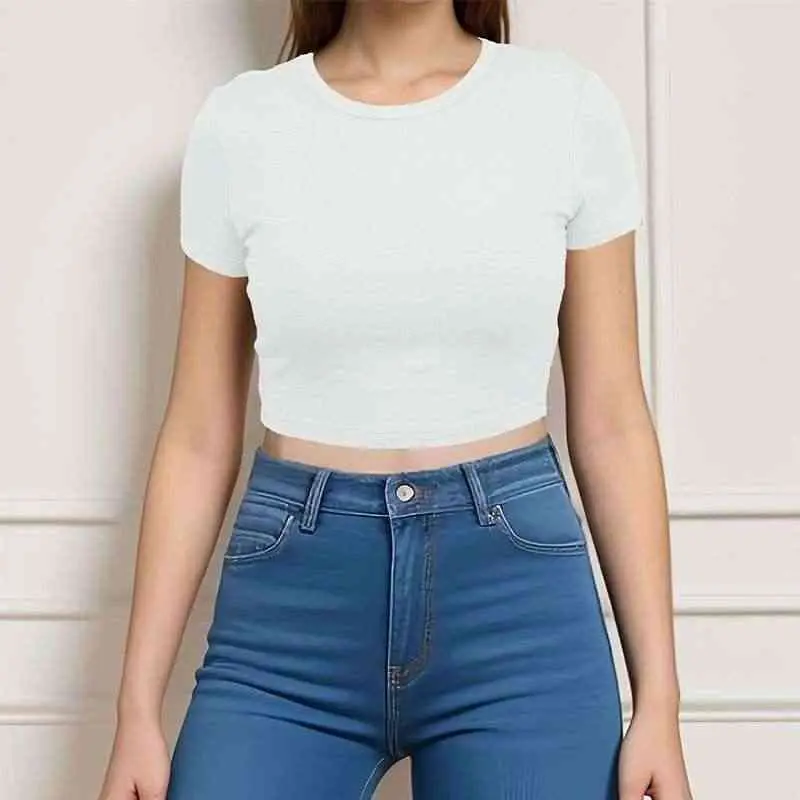 Print Women Tops Crew Neck Summer Slim Fit Exposed Navel Crop Tops Street wear