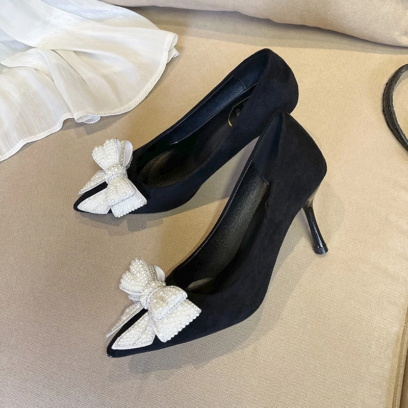 Aphixta Luxury Pearls Bow 6cm 8cm Stiletto Heels Pumps Women Black Office Casual Shoes Suede Upper High Heels