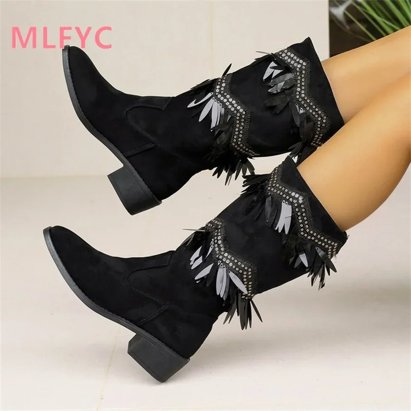 Women's Foreign Trade Winter New European American Beaded Tassels Western Boots Pointed Thick Heel Long Sleeve Women's Boots