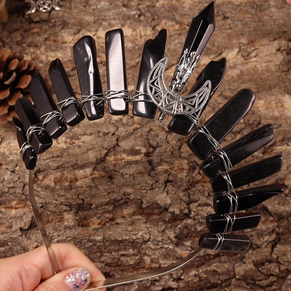 

Тиара из натурального кристалла, Шпилька для волос в виде крыла, ведьмы, короны, Луны, повязка на голову, кварцевый головной убор, ручная работа, аксессуары для волос для женщин, модные украшения