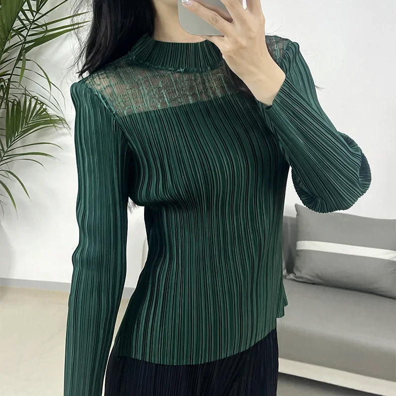 

Miyake Pleated 2024 Spring New Fashion Casual Long-sleeved Hollow T-shirt Women's Tops Slimming and Versatile Pleated Clothes