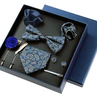 8-piece Set Bussiness Blue Ties For Mans Floral Brooches Pin Cufflinks Tie Clips Butterfly Bowtie Wedding Accessori Gift Box Set 2
