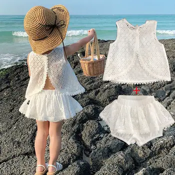 2025 Completo da bambina per bambina – Dolce adorabile set in due pezzi in pizzo di cotone bianco estivo elegante stile senza schienale