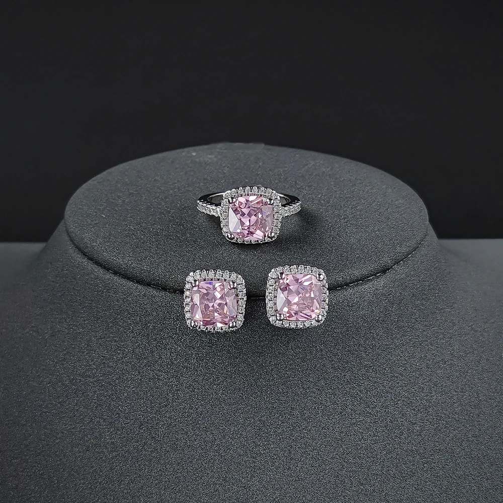 India Dubai Silver Color Cushion CZ Jewelry Set Engagement Ring Stud Earring for Women Party Gift Size 11,12,13 J1099-pink silver jewelry,silver jewelry set,jewelry set