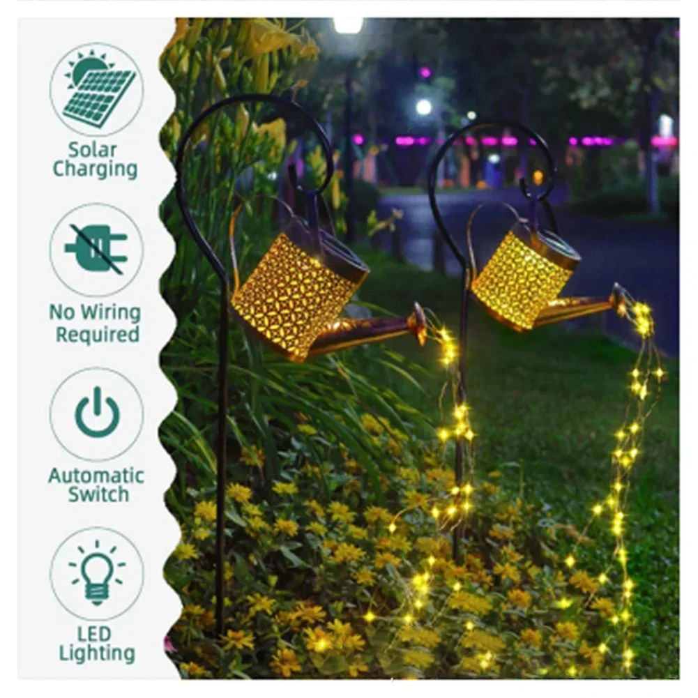 Solar Powered Garden Shower Light Watering Can Lights Star Light LED Outdoor String Fairy Lights Waterfall With Bracket