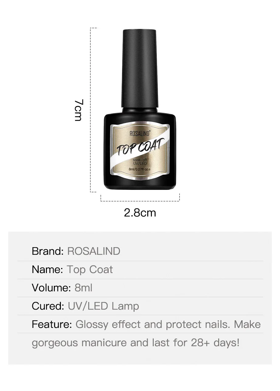ROSALIND Top Coat 8ml Gel Polish Shiny Soak Matte Off Manicure Art Decorations Varnish Top Coat UV Gel 4