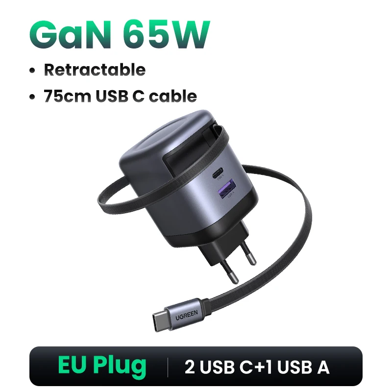UGREEN 65 واط GaN شاحن مع كابل USB C قابل للسحب آيفون 17 16 برو سامسونج شاومي محمول ماك بوك اللوحي PD شاحن سريع