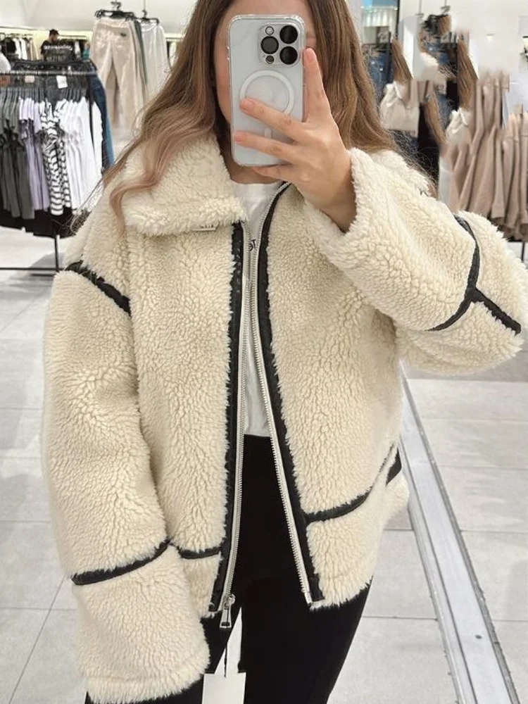 

Winter Plush Jacket Women Warm Thick Fluffy Coat Female Vintage Stand Collar Woolen Outerwear Elegant Loose Jackets Streetwear