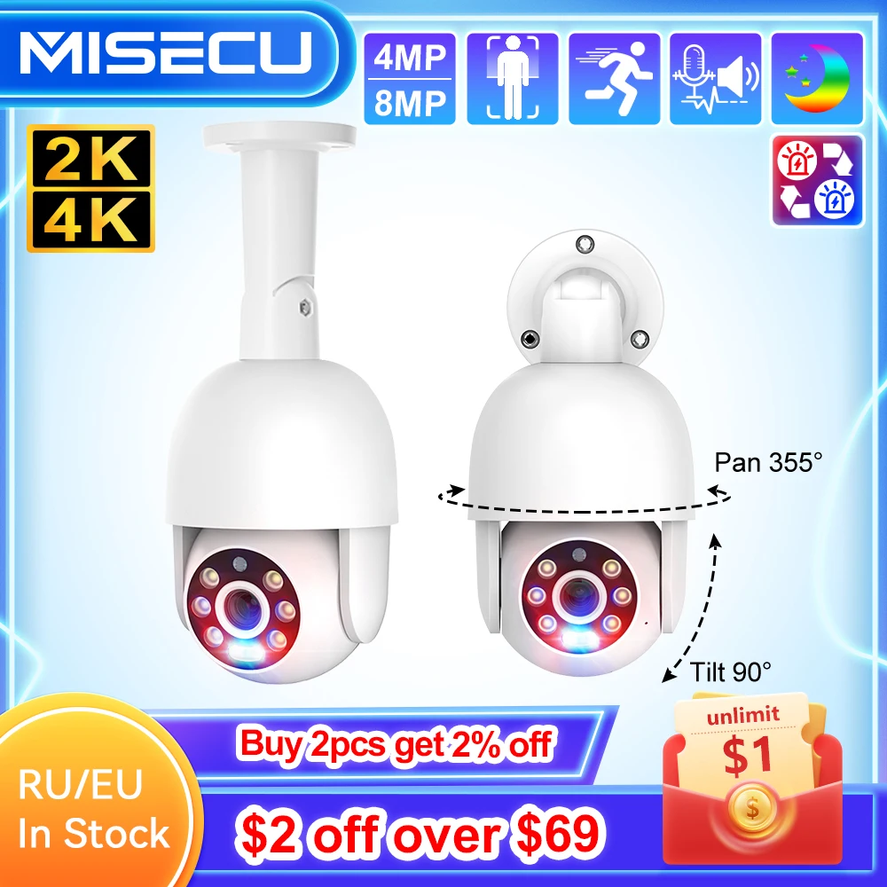 MISECU 4MP UHD 8MP 4K POE PTZ Dome CCTV Surveillance Security Camera H.265 ONVIF Outdoor Waterproof AI Human Motion Detect P2P