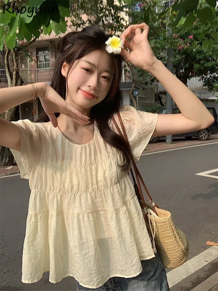 

Blouses Women Loose Sweet Thin Summer Short-sleeve Girlish Gentle Preppy Style Solid French Romantic Comfortable Popular