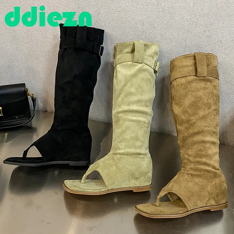 

New Wedges Knee-High Sandals Boots Womens Flock New Stretch Long Boots For Ladies Stretch Footwear Flip Flops Female Shoes