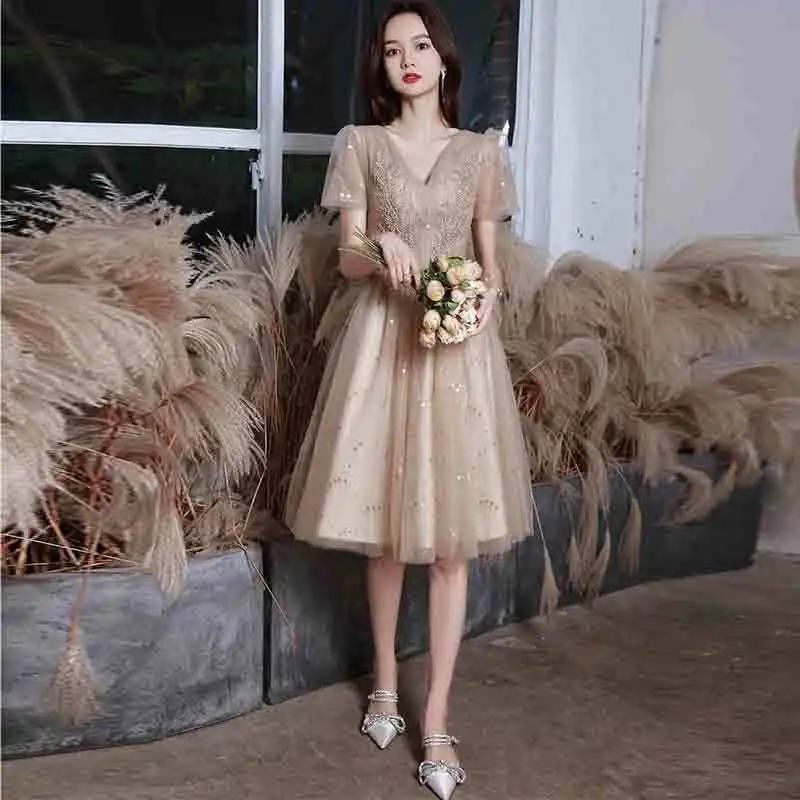 New short khaki sequined lady girl women princess banquet party performance bridesmaid dress performance gown