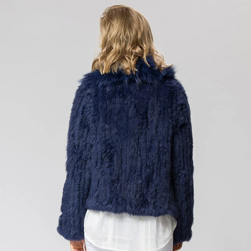 CR072 Knitted Real Rabbit Fur Coat Overcoat Jacket With Fox Fur Collar Russian Women's Winter Thick Warm Genuine Fur Coat