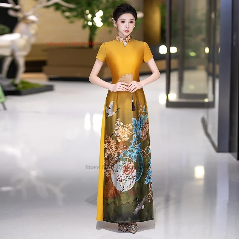 2026 vietnam traditional dress ao dai national flower print a-line  cheongsam oriental improved qipao party banquet evening dress - AliExpress  200000532
