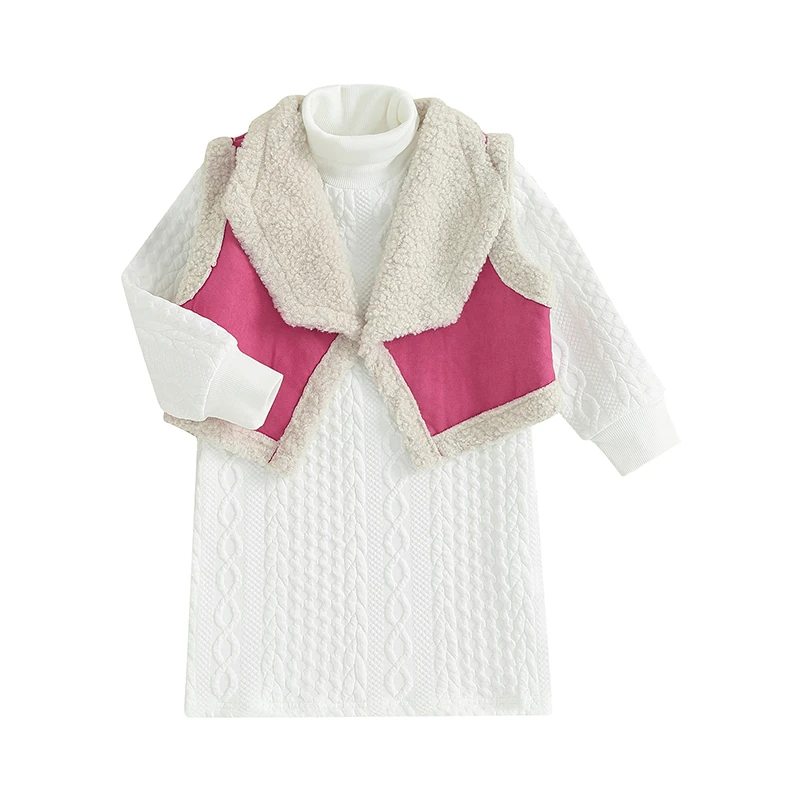 

Bmnmsl Kids Girls Sweater Dress Solid Color Turtleneck Long Sleeve Knit Dress Fall Princess Dress with Polar Fleece Waistcoat
