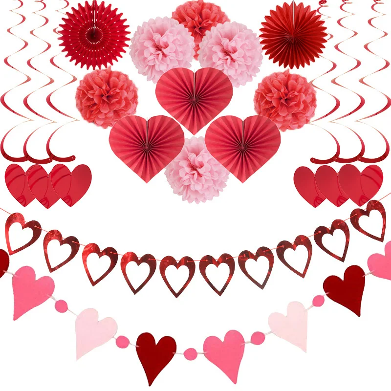 

19Pcs Valentines Day Decorations Heart Shaped Garland Tissue Fans Poms Heart Cutouts Swirls for Wedding Birthday Backdrop Decor