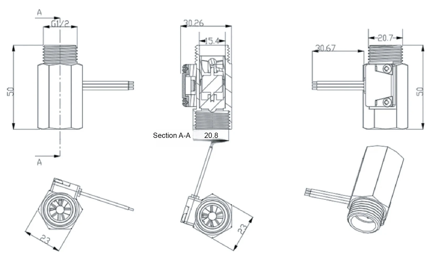 Water Flow Sensor Hall Effect Flow Meter Brass Valve Body Liquid Flow Rate Senso