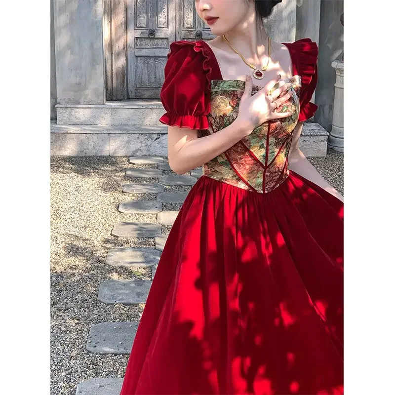 

French Retro Square Collar Dress for Women Velvet Princess Temperament Red Dress Long Vestidos Short Puff Sleeve Dress
