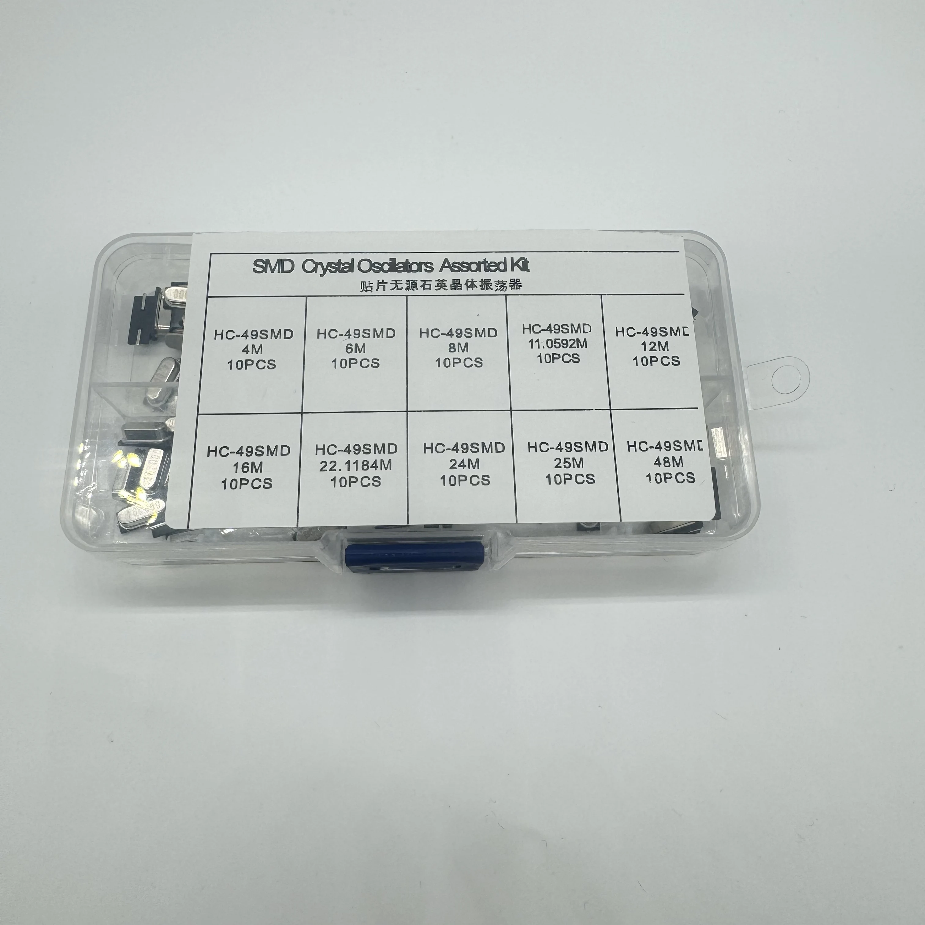 10가지 종류의 100 SMD 2핀(4M - 48M) 패시브 크리스털 오실레이터 HC-49S 표면 실장형 크리스털 오실레이터 키트 혼합 팩