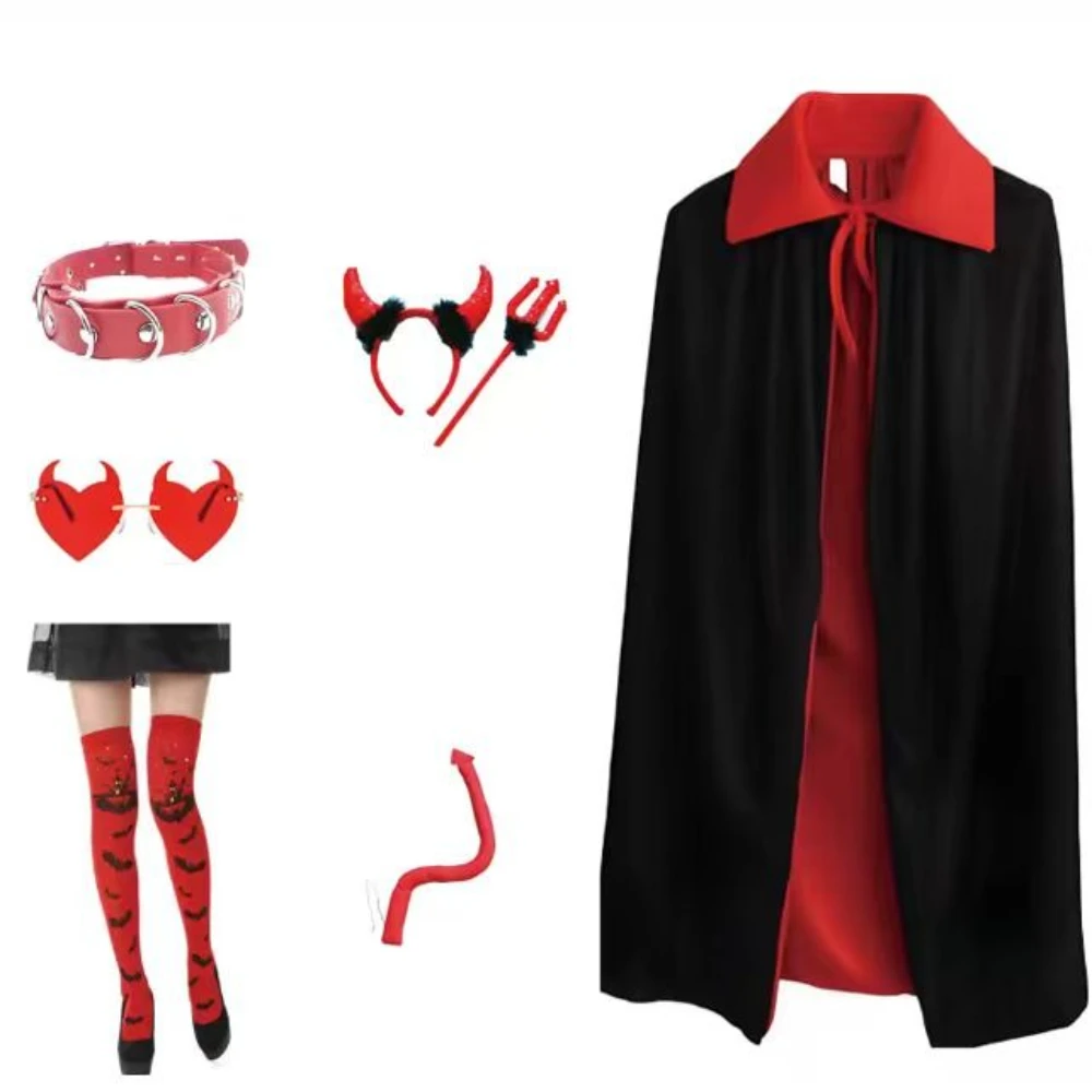 PESENAR Halloween Devil Costume Set for men Reversible Cloak Devil Horn Headband Tail Red Fork