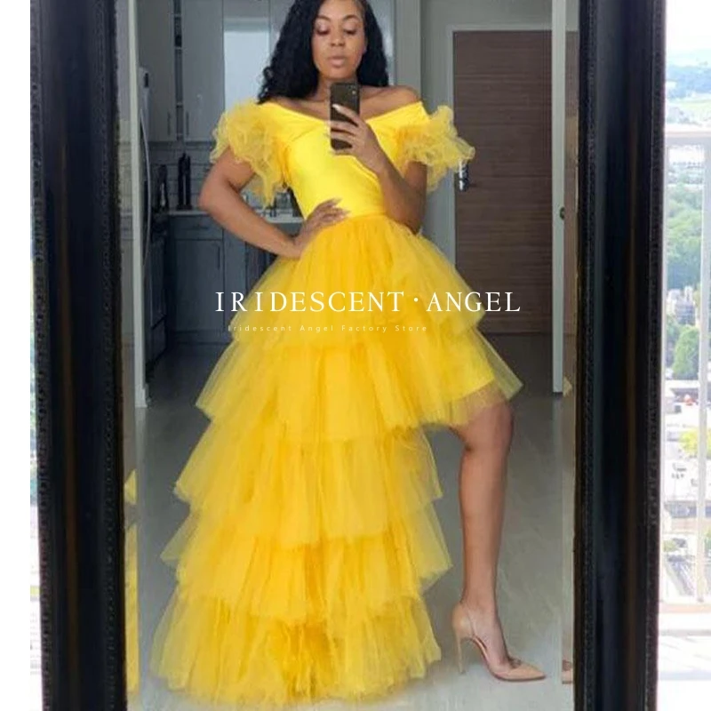 

Радужные южноафриканские тюлевые коктейльные платья с V-образным вырезом, высоким и низким желтым многоярусным вырезом, недорогие короткие платья для выпускного вечера