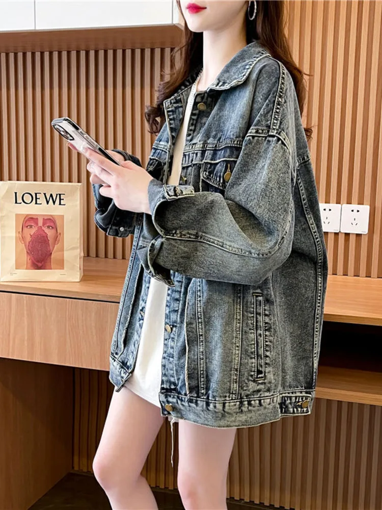 

Women's Retro Fashion Street Denim Jacket, Korean Patchwork, Loose Vintage Coats, Simplicity, Large Size Female Clothing, Autumn