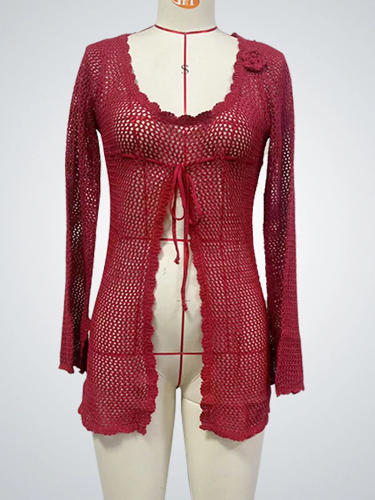 Sexy Long Sleeve Hollow Out Crochet Knitted Tunic Beach Cover Up Cover-ups Beach Dress Beach Wear Beachwear Female Women V5525 6