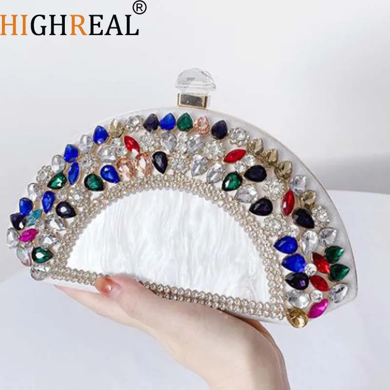 

Colour Diamonds Half Round Evening Clutch Bags Women Designer Luxury Boutique Crystal Acrylic Purses And Handbags Wedding Party