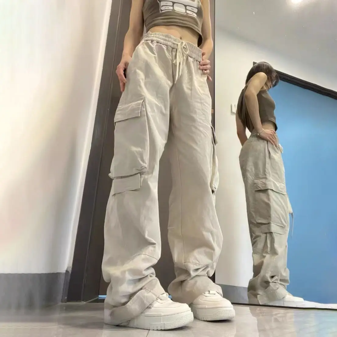 

Y2K Vintage 90s Khaki Cargo Pants Women Harajuku Retro Wide Leg Trousers Oversized Streetwear Pockets Elastic Waist Pantalon