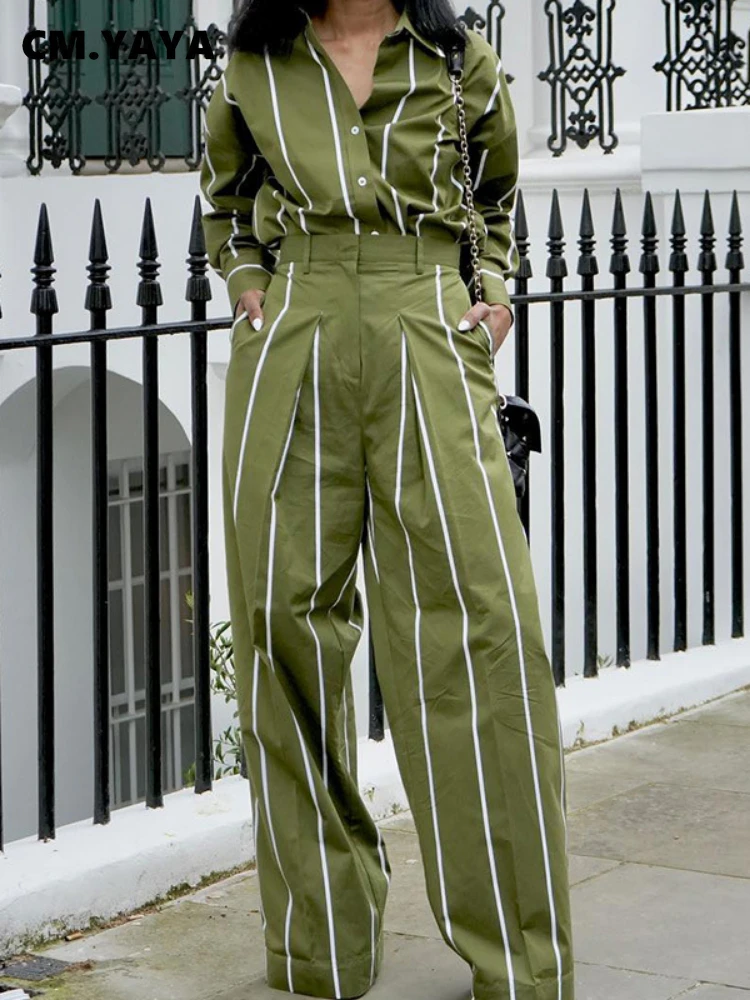 CM.YAYA Women’s Sets Long Sleeve Striped Printed Shirt and Wide Leg Pants Sets 2 Two-Piece Set 2024 Spring Streetwear Outfits