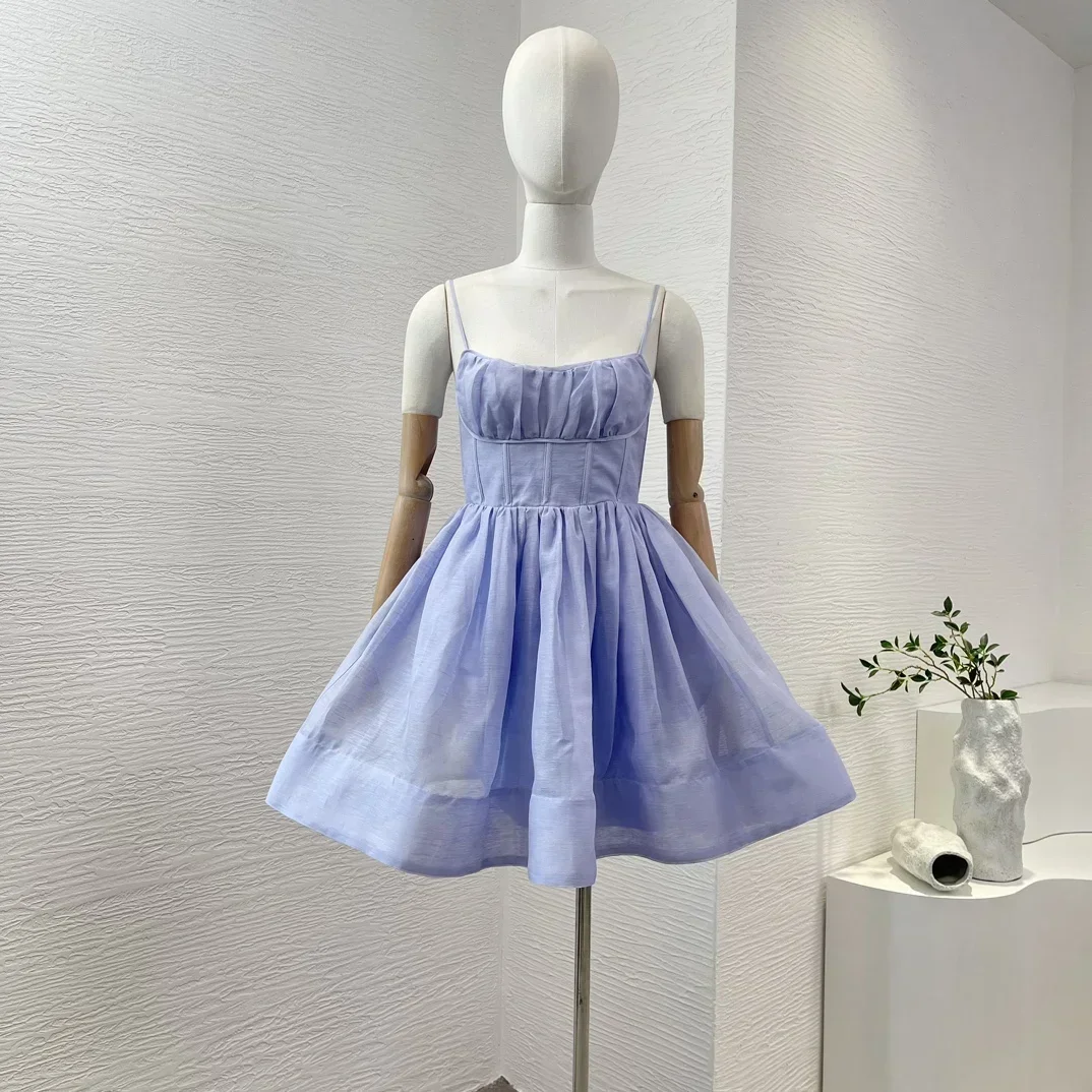 

Женское Плиссированное мини-платье без рукавов, голубое платье для отдыха, Новинка лета 2024