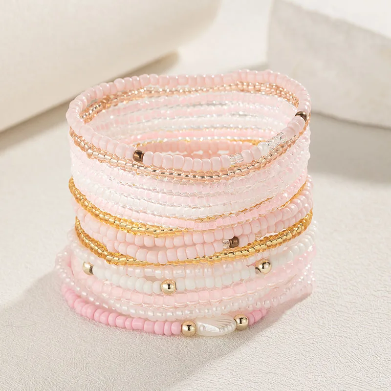 17-teiliges Set mit pastellfarbenen Rocailles, stapelbare Armbänder, Muschel-Charm, elastisch, dehnbar, Boho-Strandschmuck für Frauen, Böhmen, Handketten, Neu