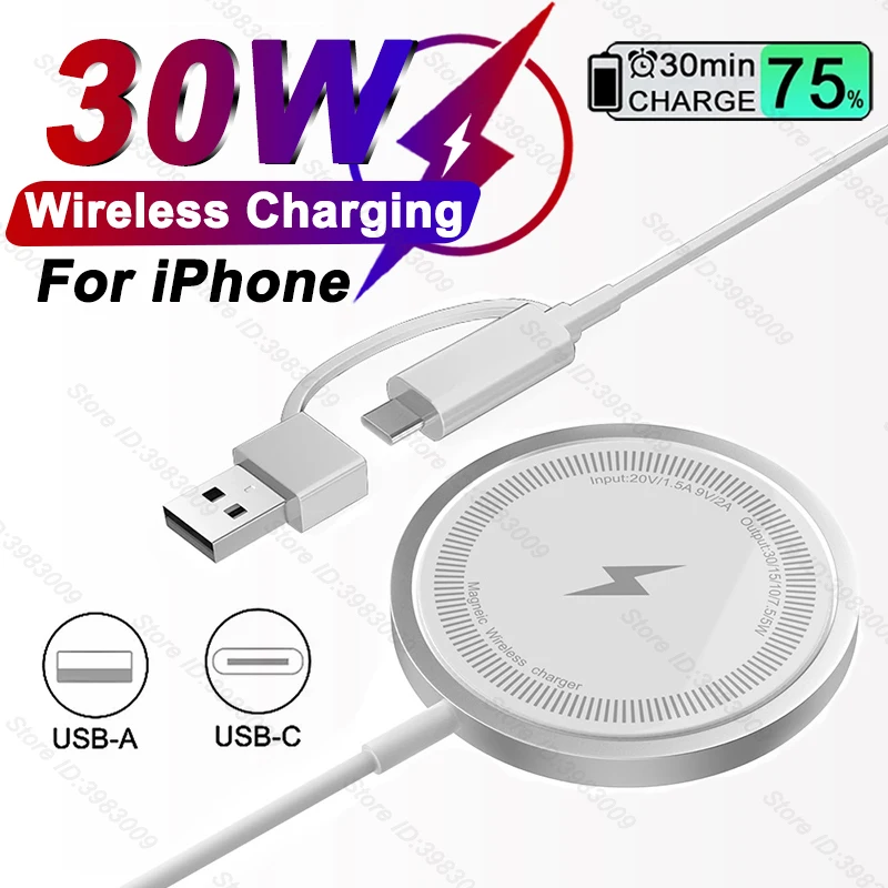 Ricarica Wireless Magnetica Pd Da 30W Per Iphone 15 14 13 12 Pro Max Caricatore Usb Tpye-C Per Samsung S24 S23 Ultra Xiaomi Fast Charge