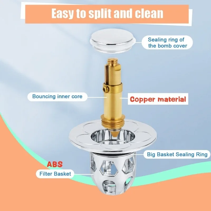 Bathroom Sink Drain Stopper for 34-40mm Bounce Core Pop Up Sink Drain Filter Anti Clogging Basket Strainer with Hair Catcher drain filter drain stopper basin drain stopper bathroom sink plug washbasin drain plug bathroom sink stopper