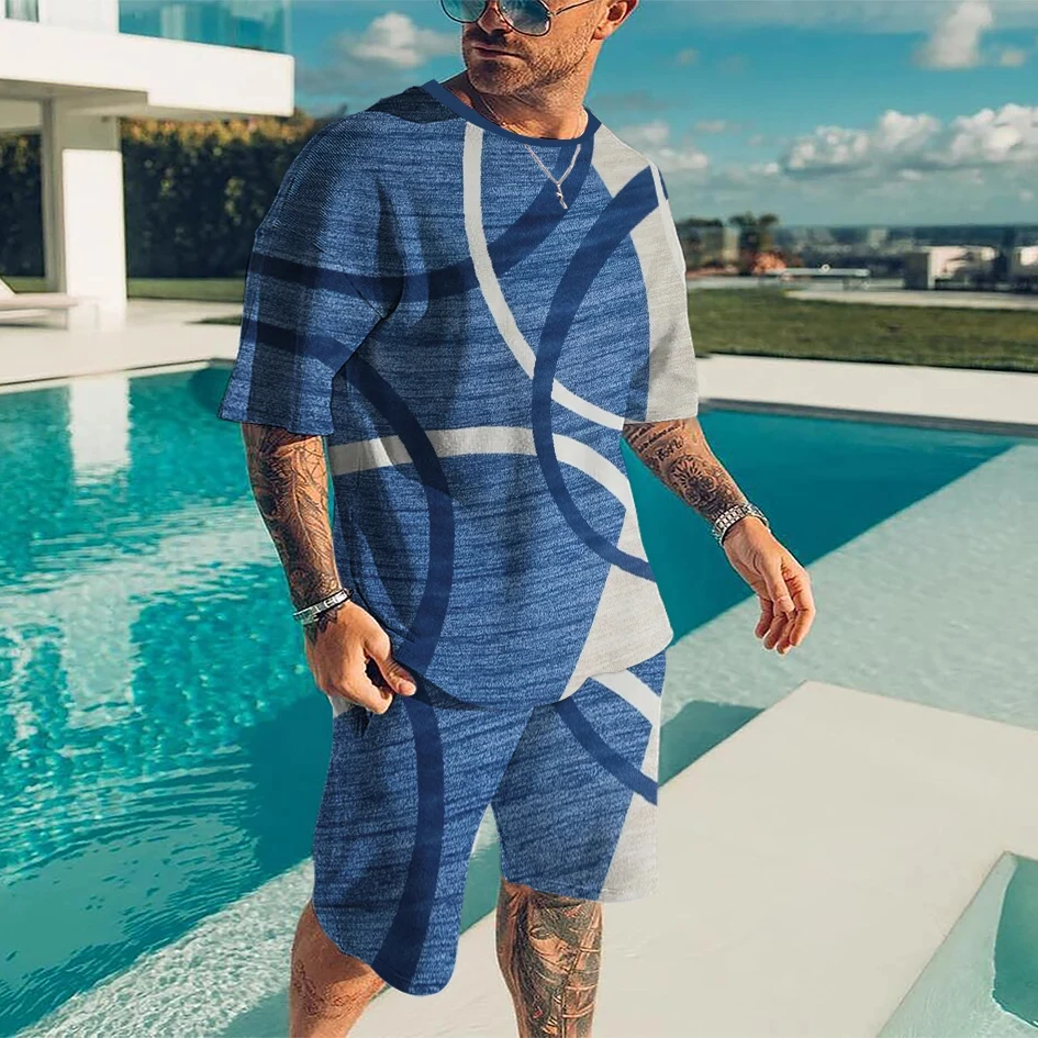 

2024 Summer Men's T-shirt Tracksuit 3D Printing 2-piece Set Casual Simple Type Men's T-shirt Short Sleeve+Shorts Oversized Suit