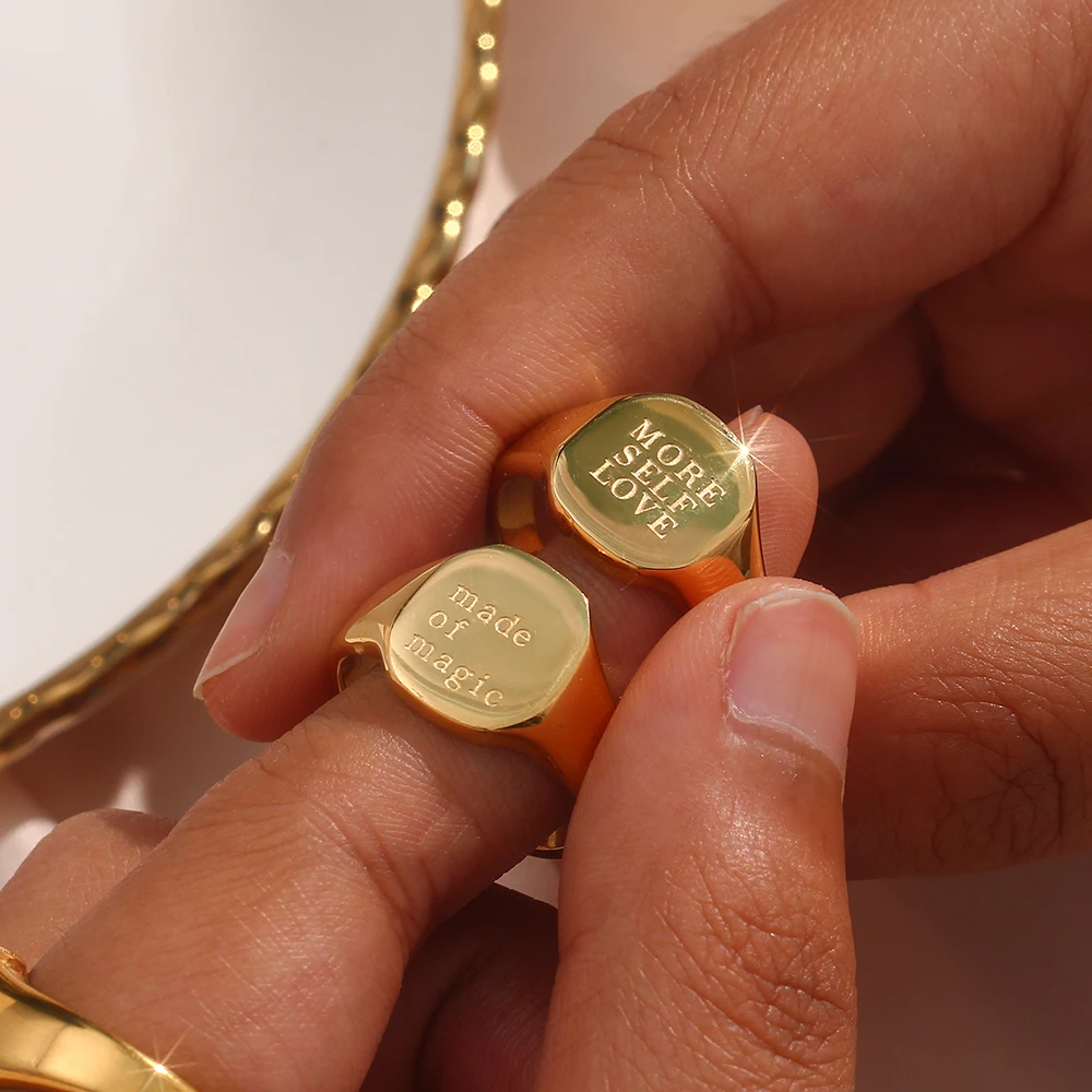 Engrave Jewelry Gift Minimalist Letter Word Suqare Stainless Steel Ring Water Resistant Gold Ring Plated For Women gold plated rings gold rings golden ring