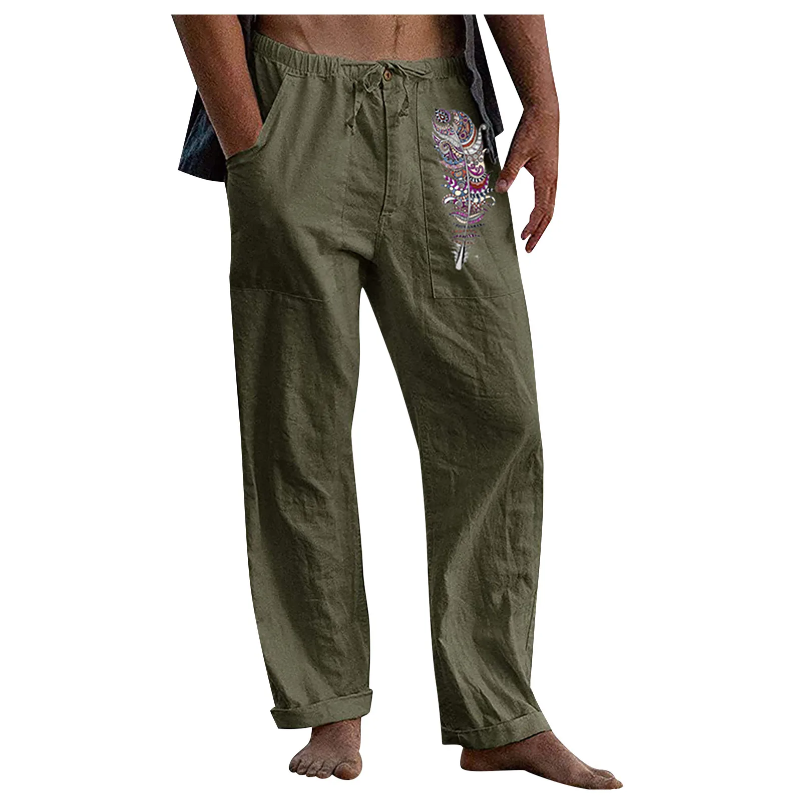 51155-bcbf16.jpg Fashion Men's Loose Comfortable Casual Wide Leg Pants Cotton Linen Print Drawstring Pockets Trousers Streetwear Sweatpants#g3 - Image 1