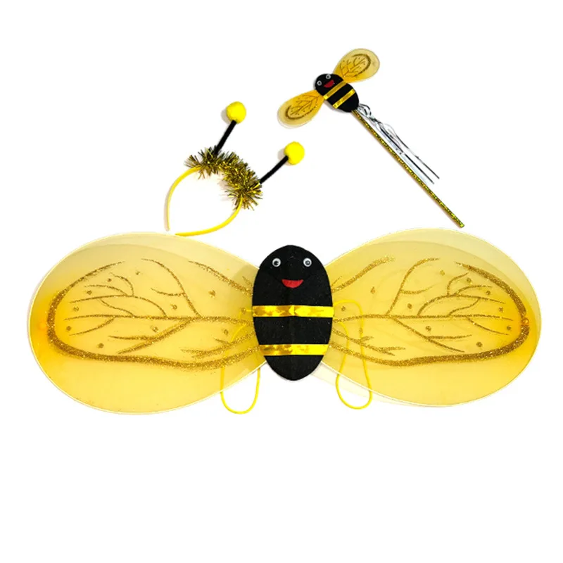 3/4Pc Little Bee Children's Performance Costume Yellow Red Little Bee Dance Skirt Set Birthday Party Bee Elf Headwear Wings Wand