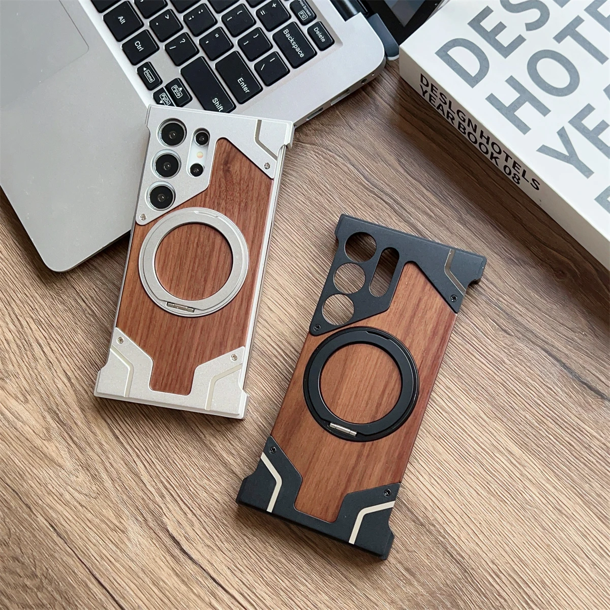 Aluminum Alloy Frameless Magnetic Holder Phone Case with Wooden Hard Cover