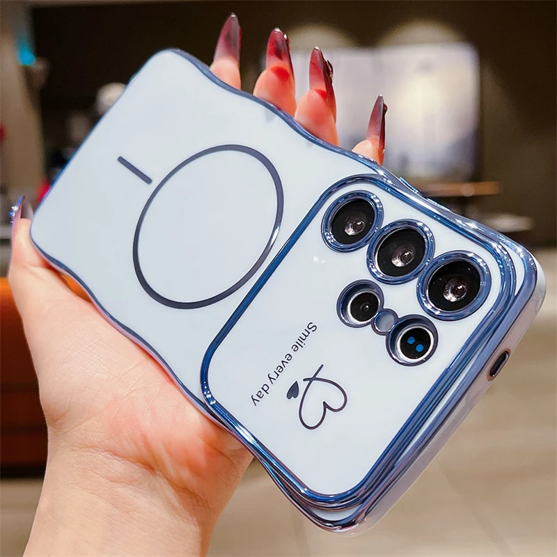 Love Heart Wavy Plating Phone Case with Magnetic Wireless Charging Cover